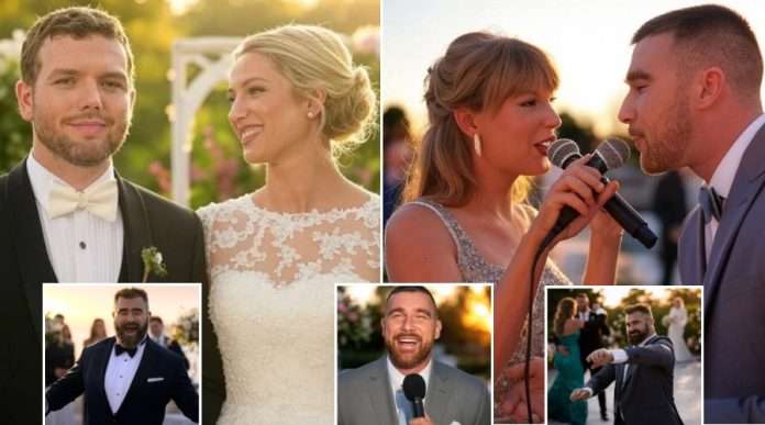 Travis Kelce and Taylor Swift and Jason Kelce at Austin Swift Wedding